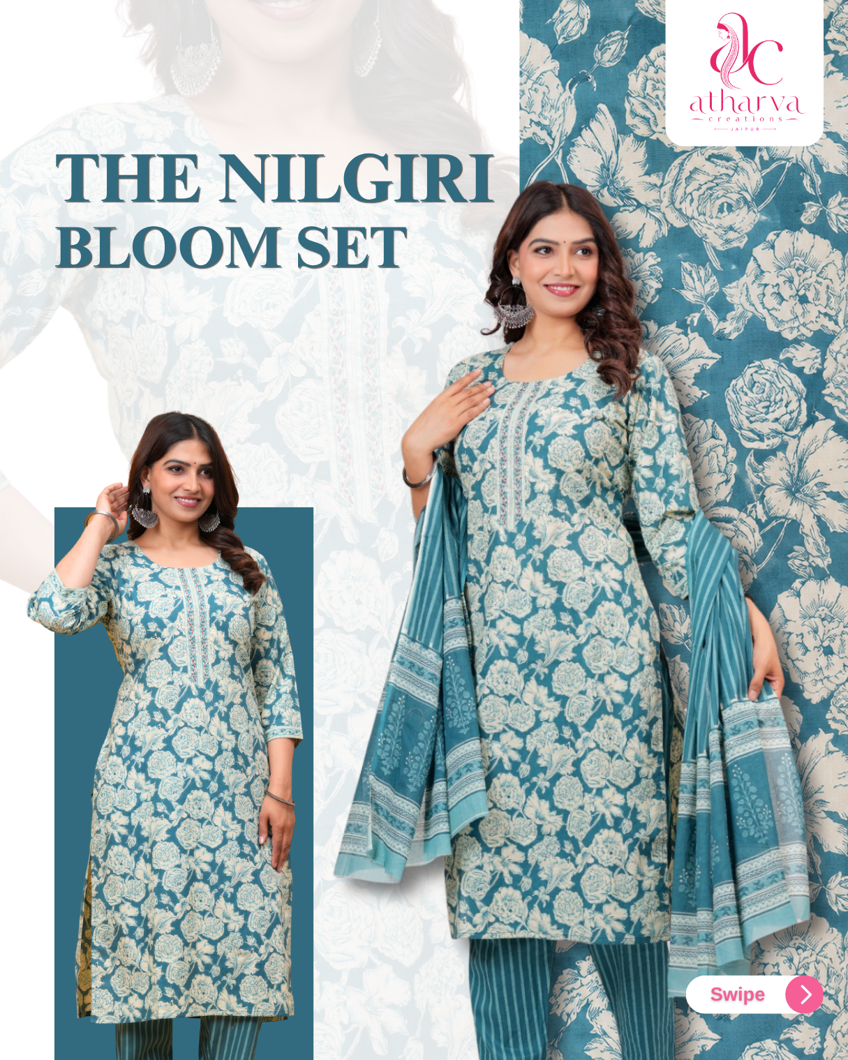 Women's Nilgiri Bloom Floral Kurta Pant Dupatta Set