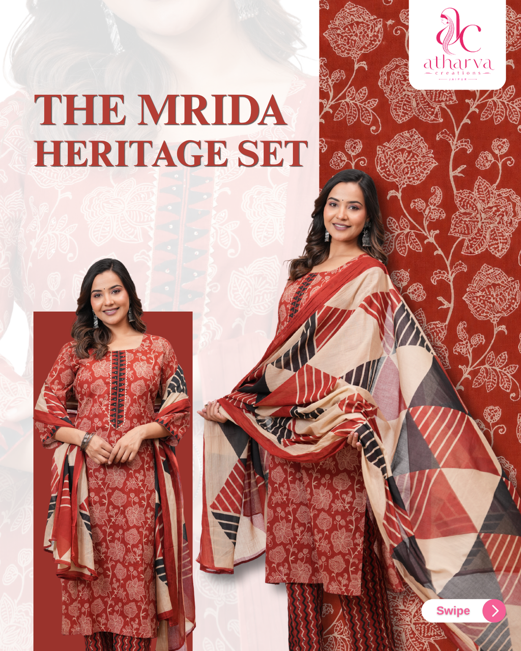 Women's Mrida Heritage Printed Kurta Pant Dupatta Set