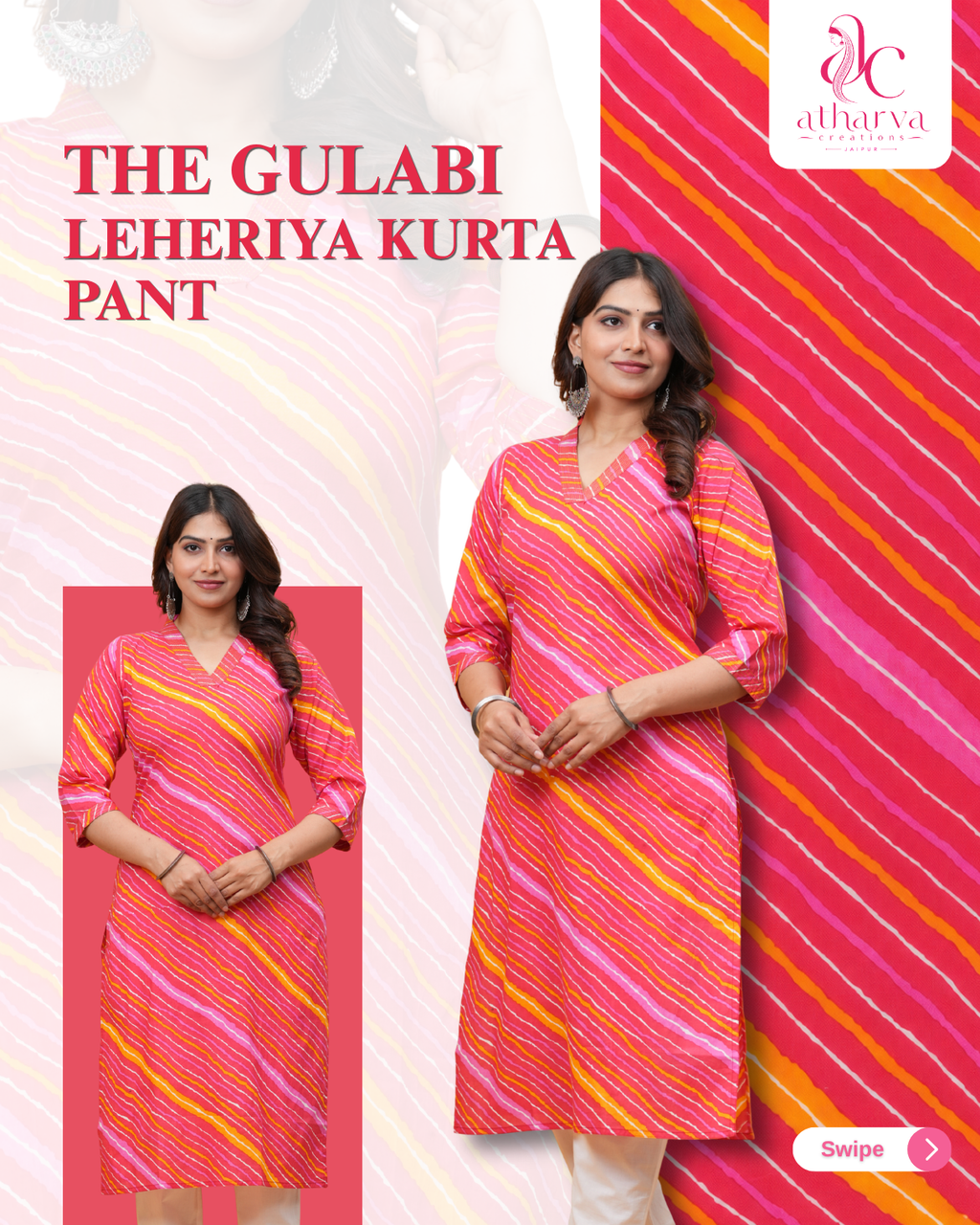 Women's Gulabi Leheriya Printed Kurta Pant Set