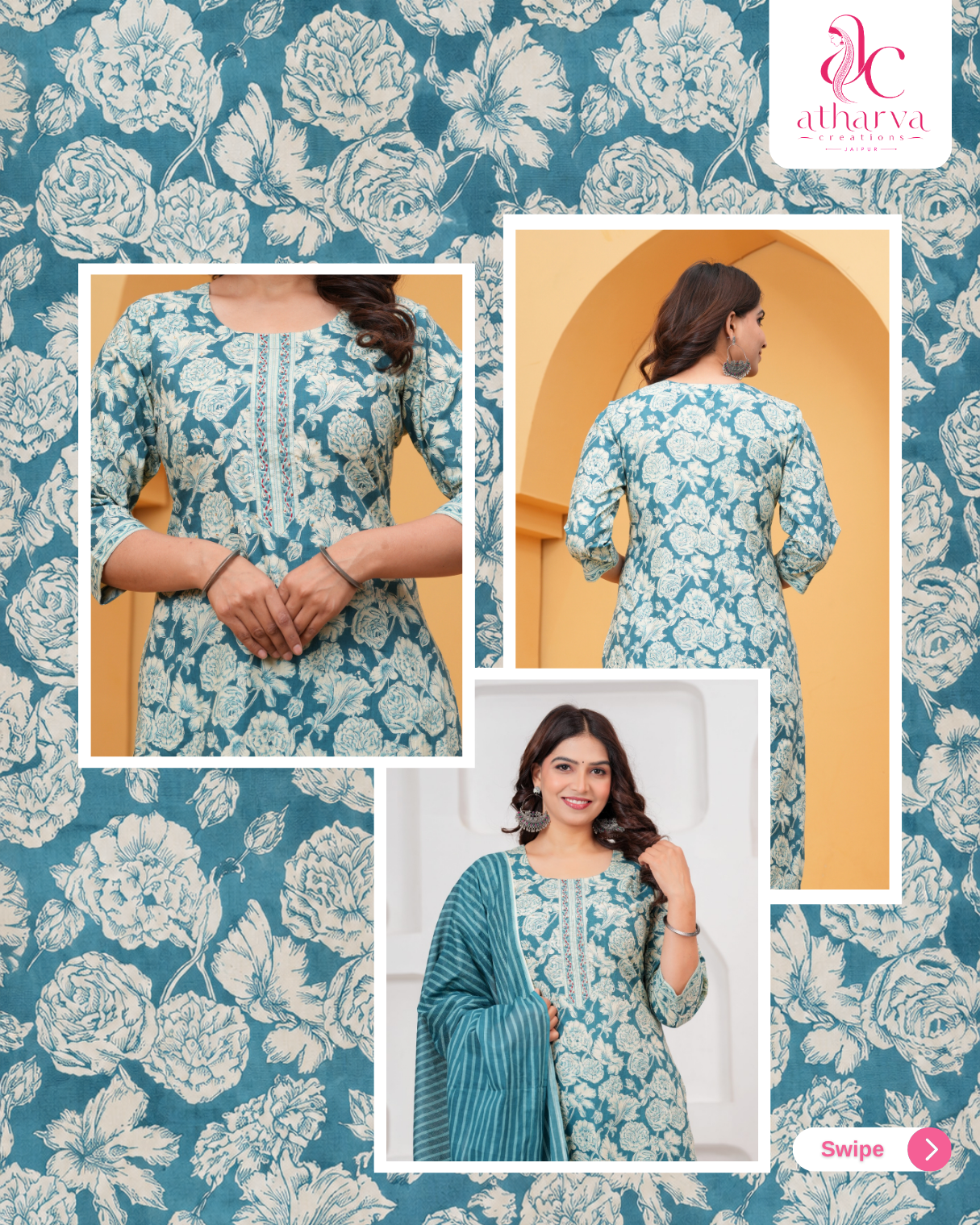 Women's Nilgiri Bloom Floral Kurta Pant Dupatta Set