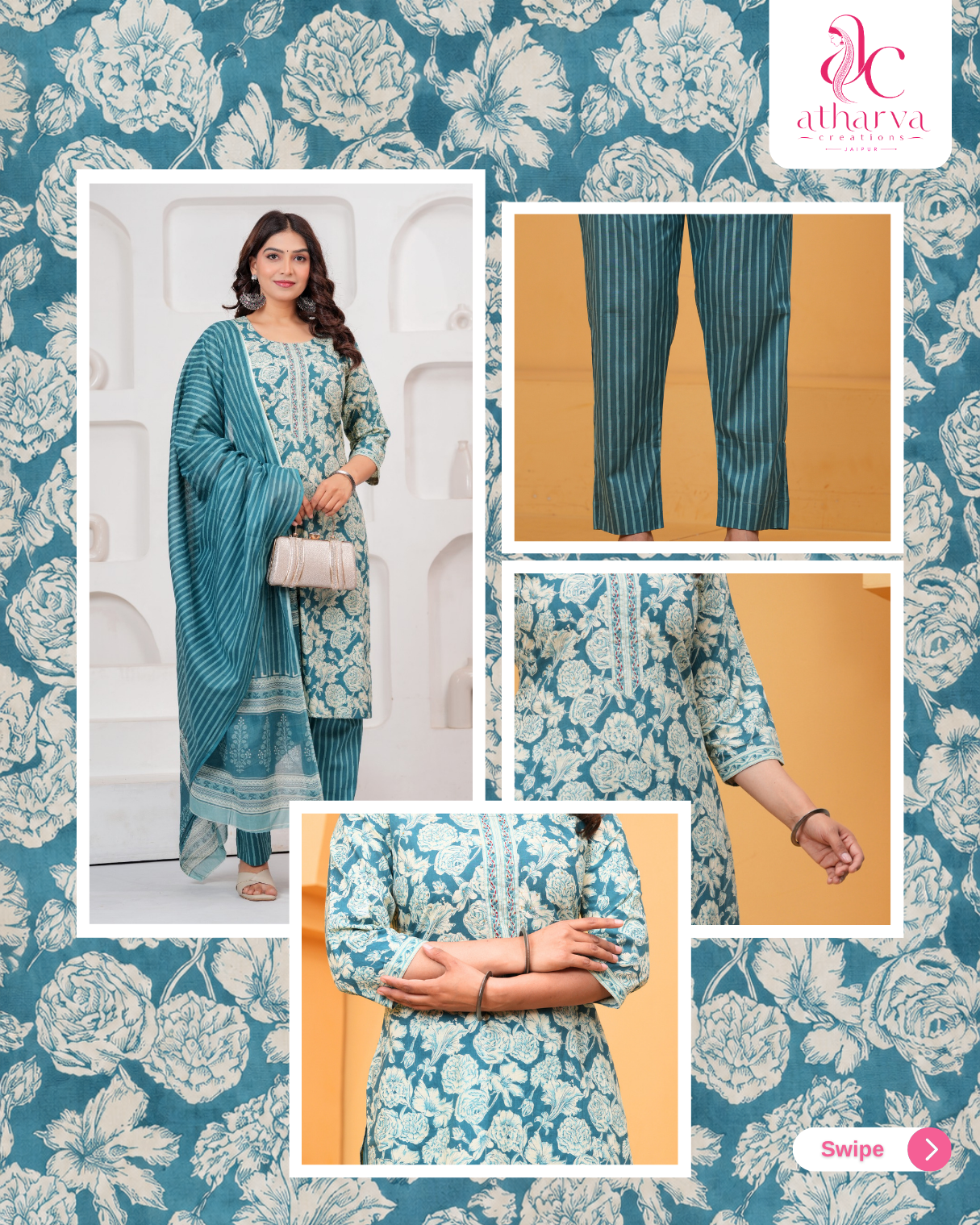 Women's Nilgiri Bloom Floral Kurta Pant Dupatta Set