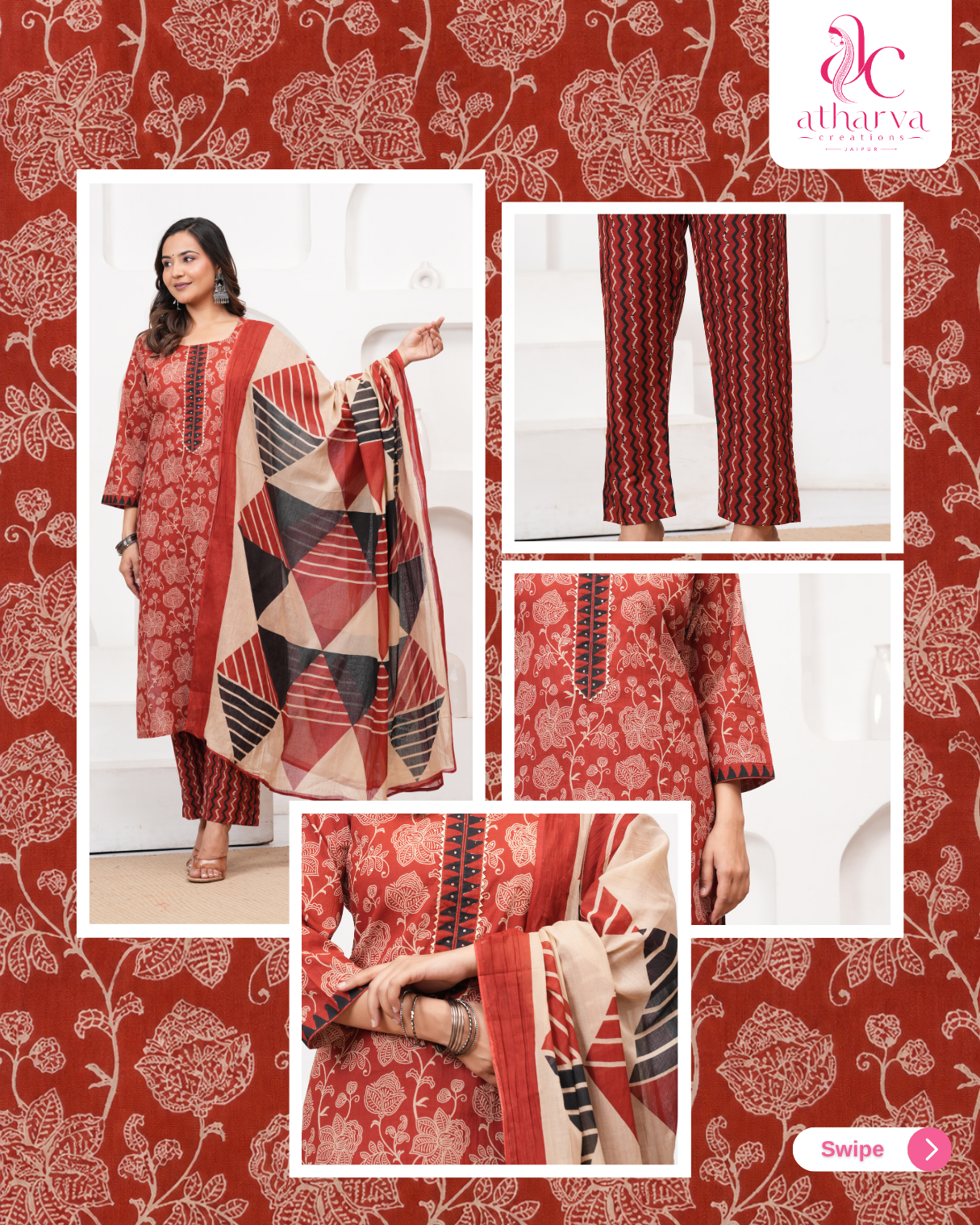 Women's Mrida Heritage Printed Kurta Pant Dupatta Set