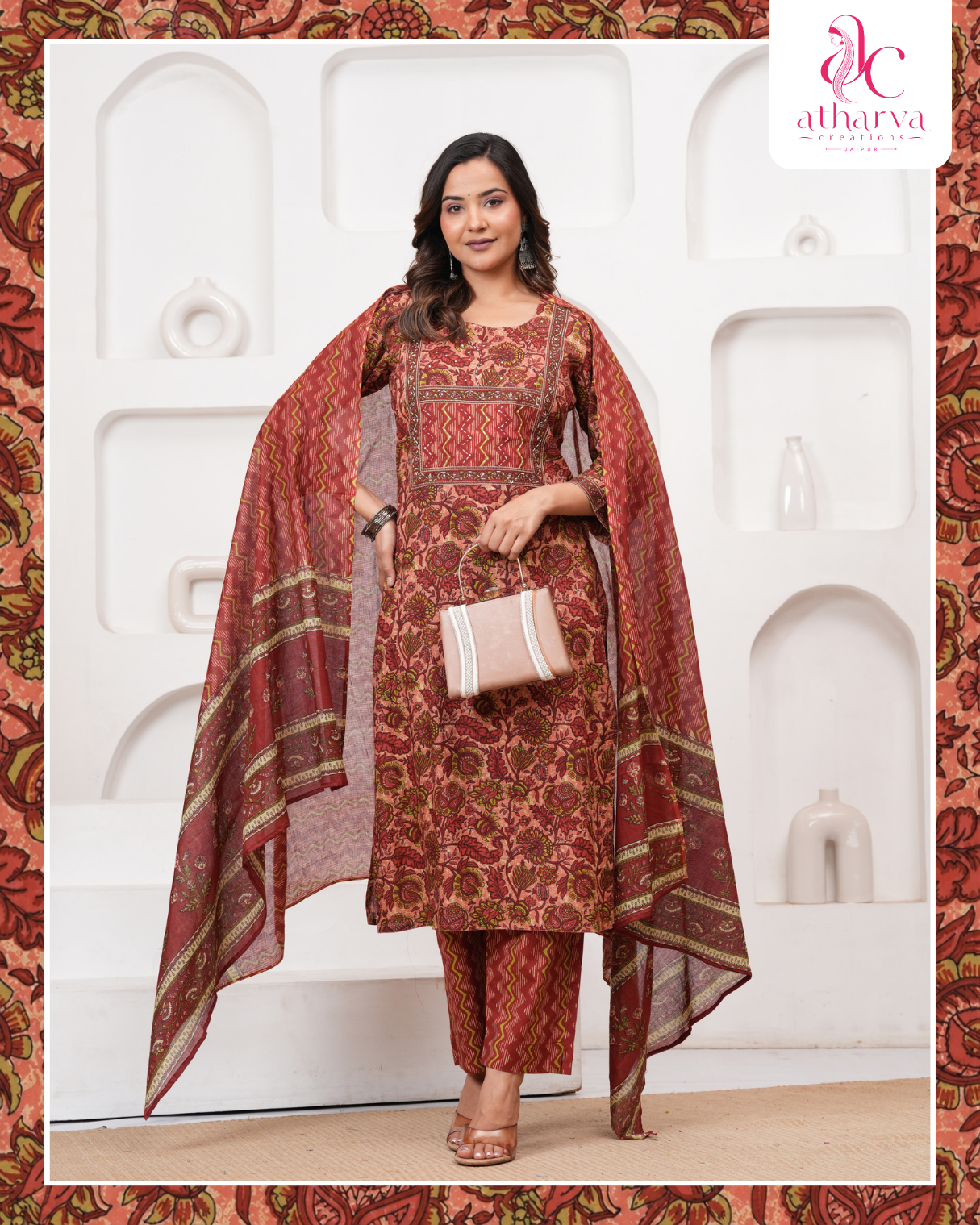The Brick Red Floral Suit Set