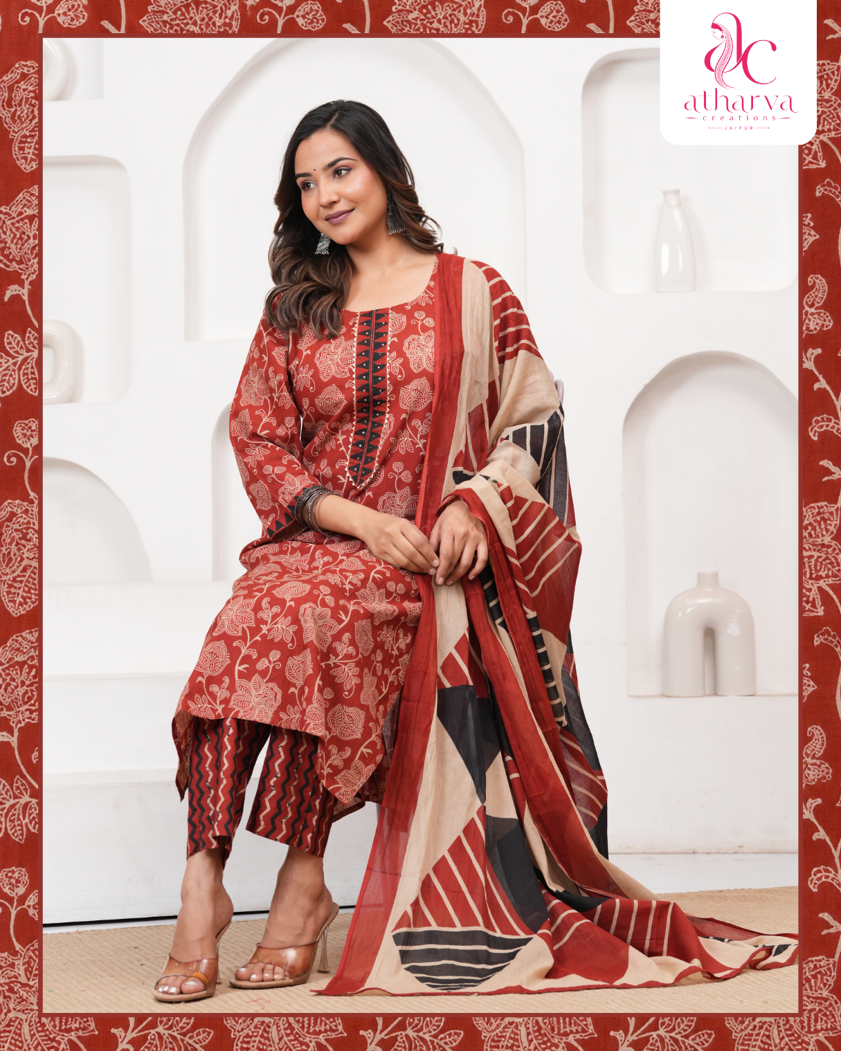 Women's Mrida Heritage Printed Kurta Pant Dupatta Set
