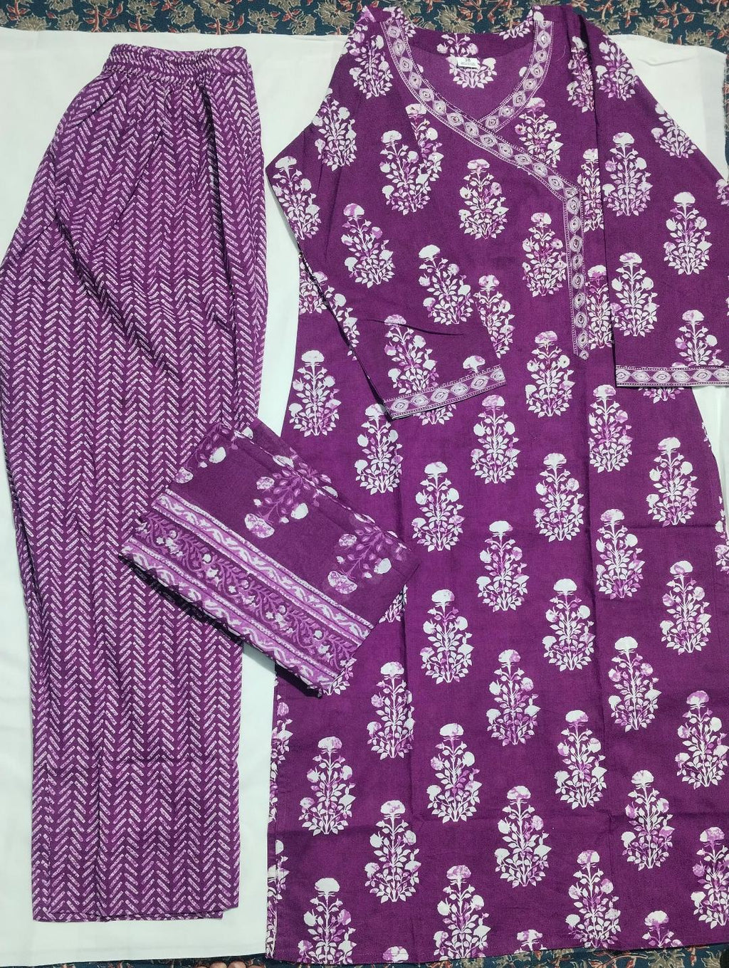 Purple Buta Print Cotton Suit Set | DJ01
