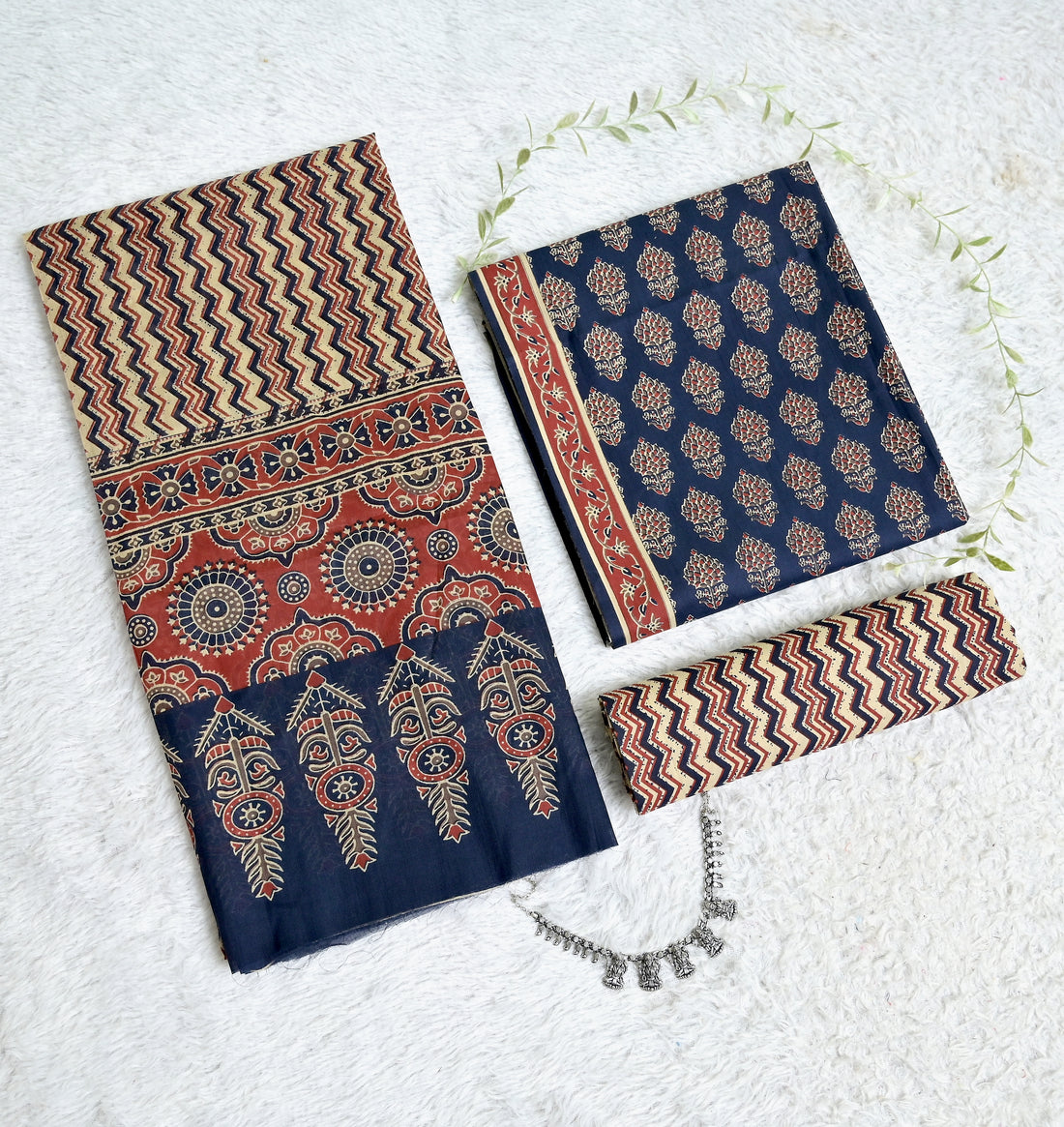 Indigo and Rust Printed Cotton 3-Piece Unstitched Dress Material AJ101