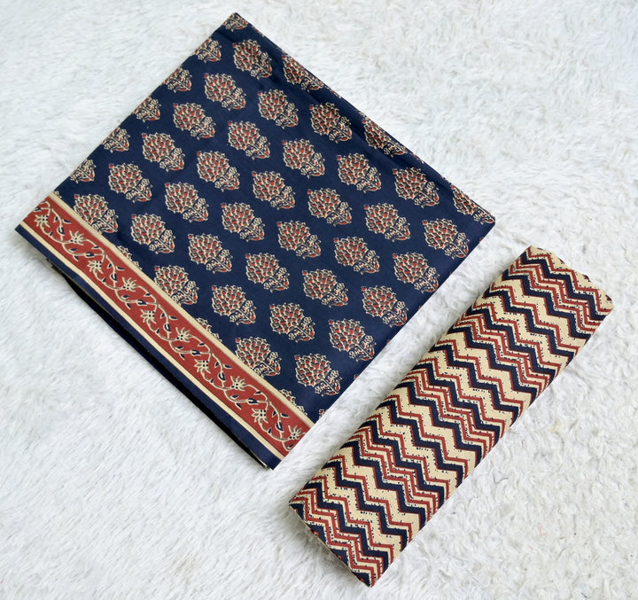 Indigo and Rust Printed Cotton 3-Piece Unstitched Dress Material AJ101