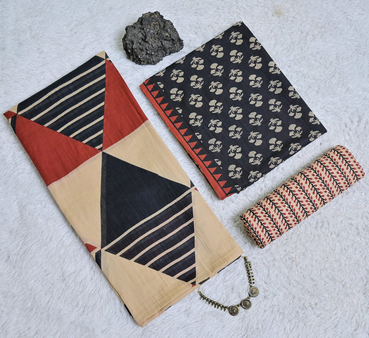 Black and Beige Printed Cotton 3-Piece Unstitched Dress Material AJ102