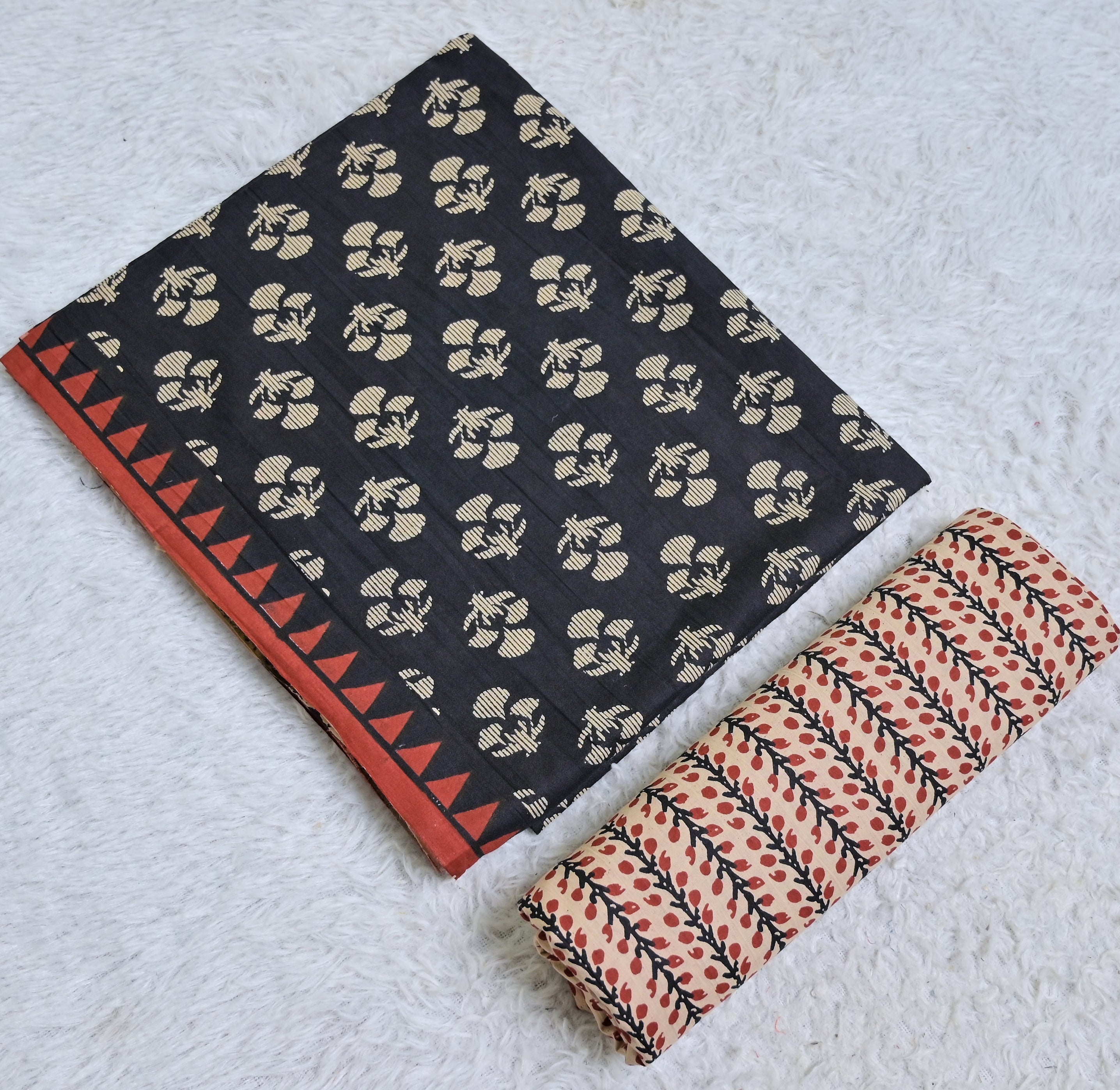 Black and Beige Printed Cotton 3-Piece Unstitched Dress Material AJ102