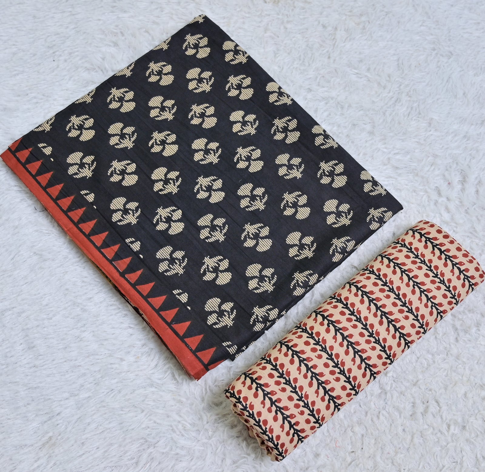 Black and Beige Printed Cotton 3-Piece Unstitched Dress Material AJ102