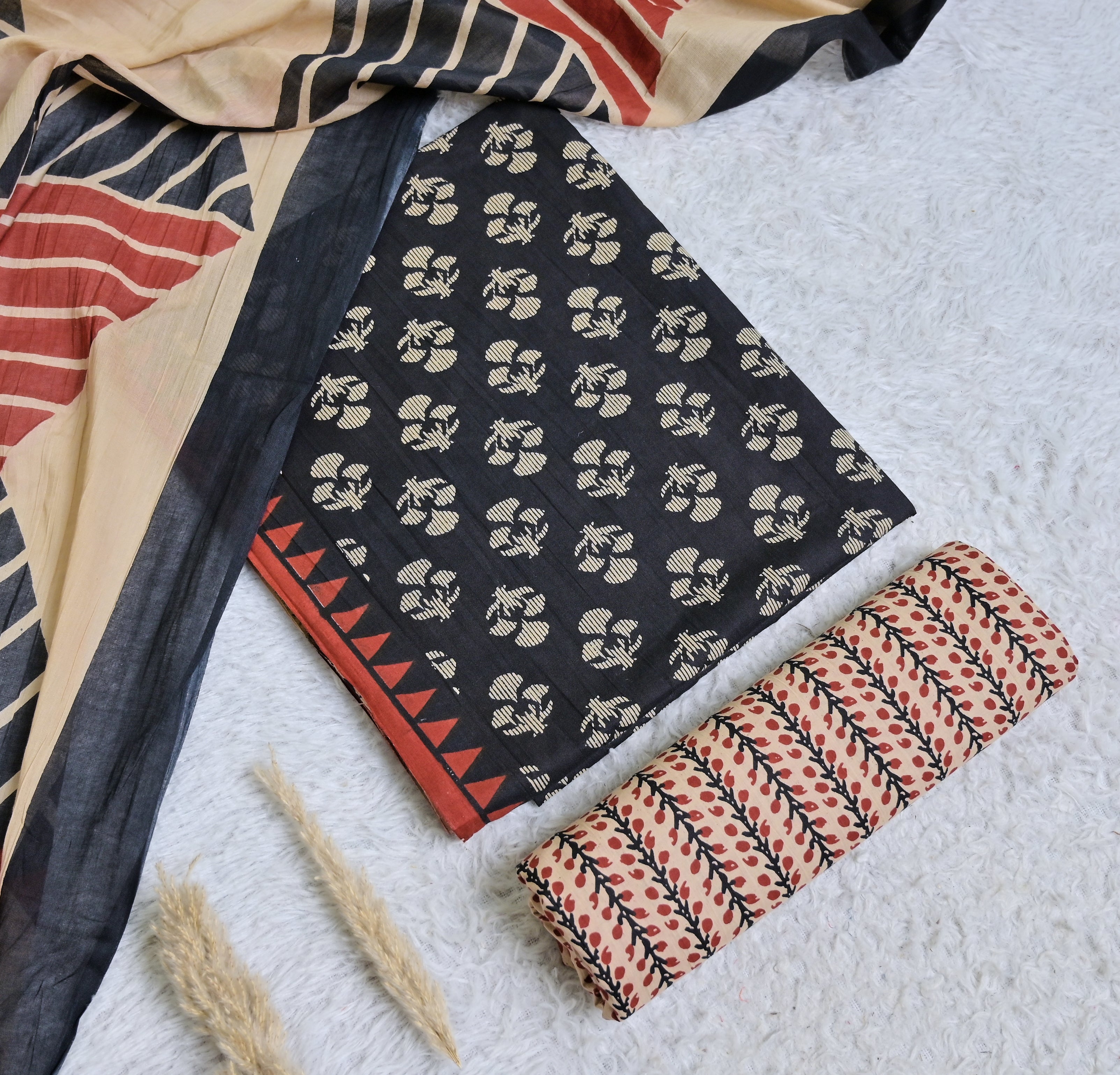 Black and Beige Printed Cotton 3-Piece Unstitched Dress Material AJ102