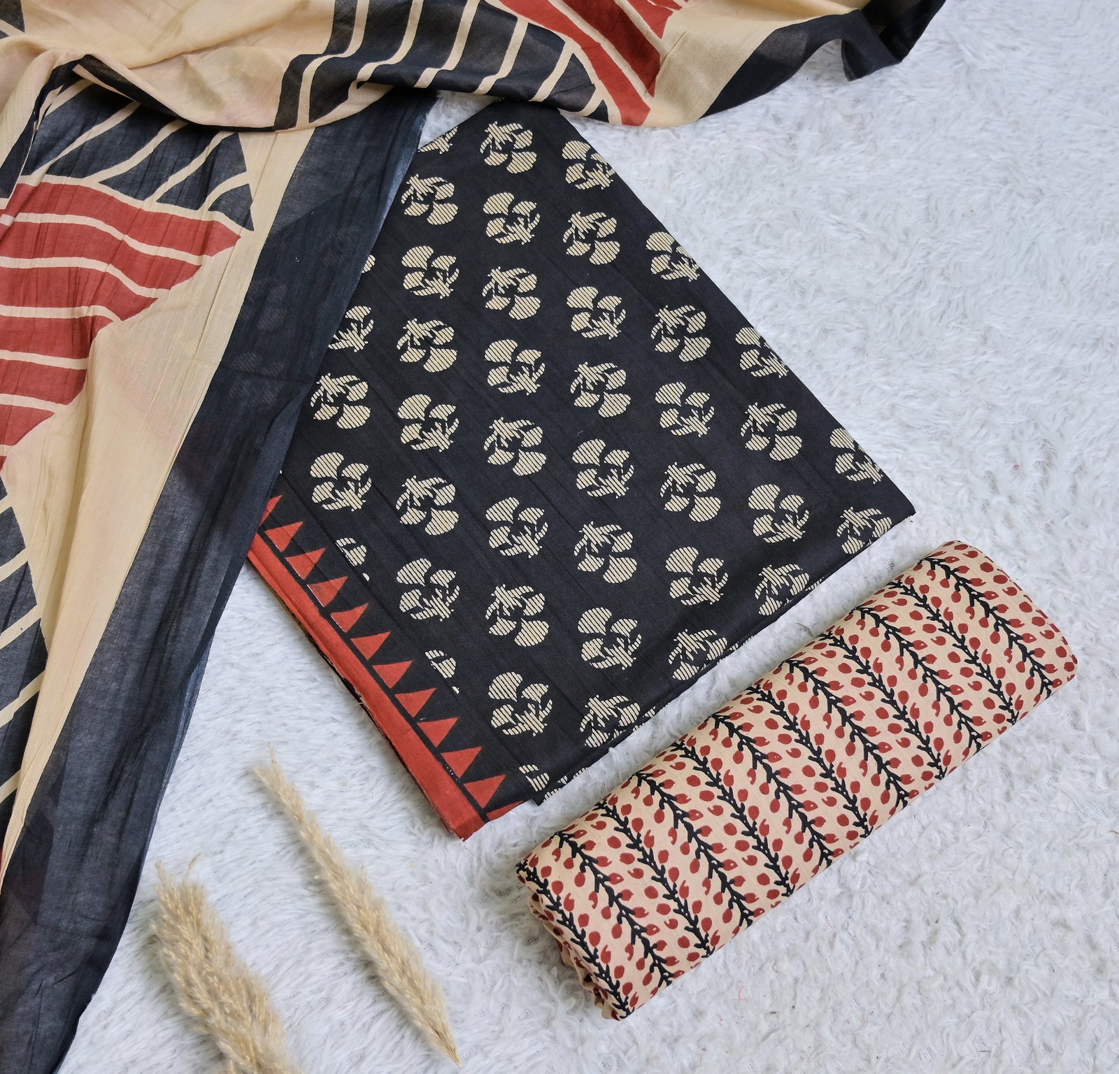 Black and Beige Printed Cotton 3-Piece Unstitched Dress Material AJ102