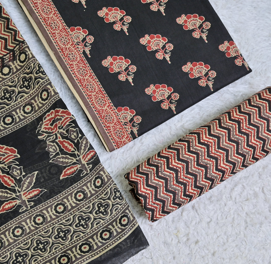 Black and Rust Floral Printed Cotton 3-Piece Unstitched Dress Material AJ103