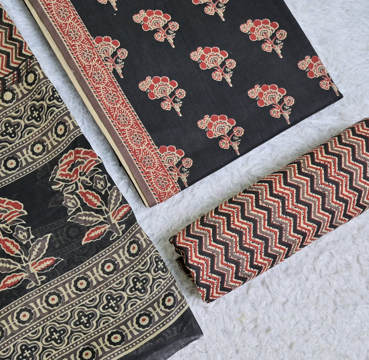 Black and Rust Floral Printed Cotton 3-Piece Unstitched Dress Material AJ103