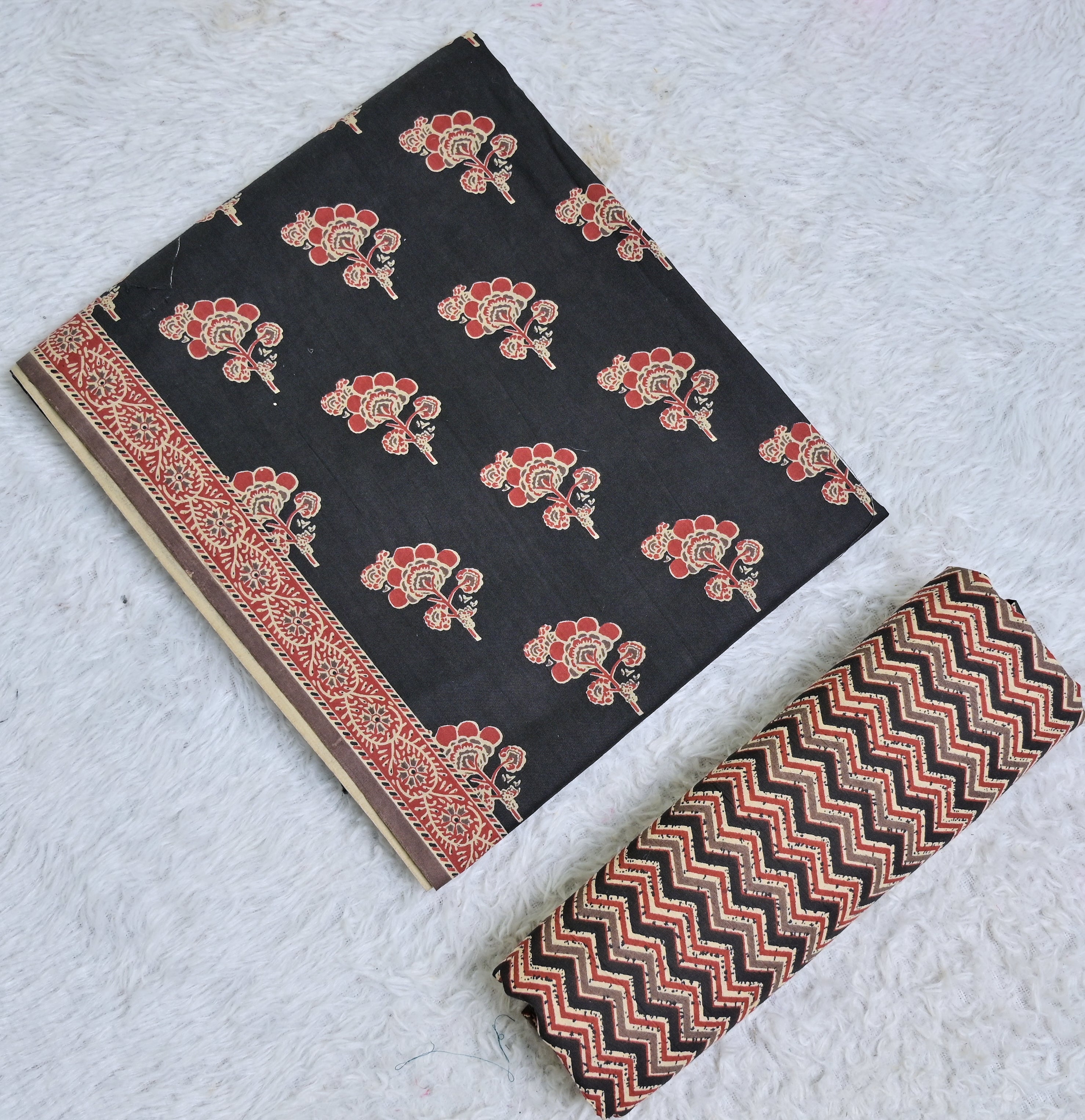 Black and Rust Floral Printed Cotton 3-Piece Unstitched Dress Material AJ103