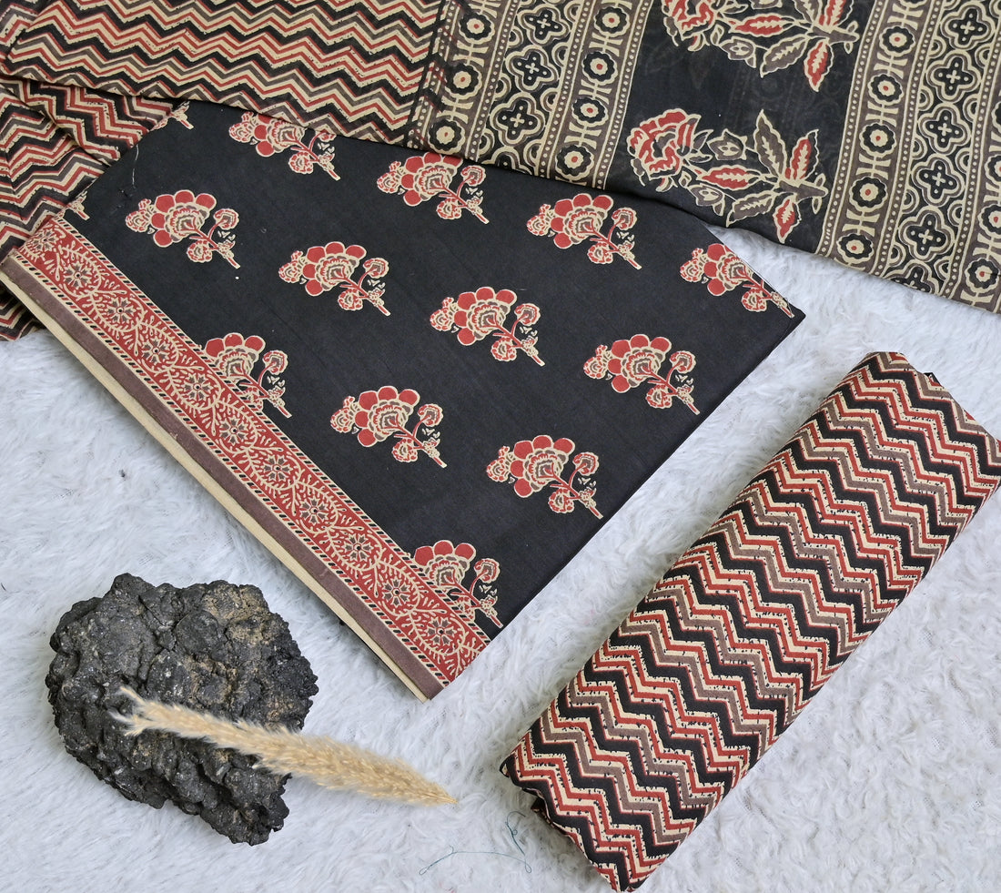 Black and Rust Floral Printed Cotton 3-Piece Unstitched Dress Material AJ103
