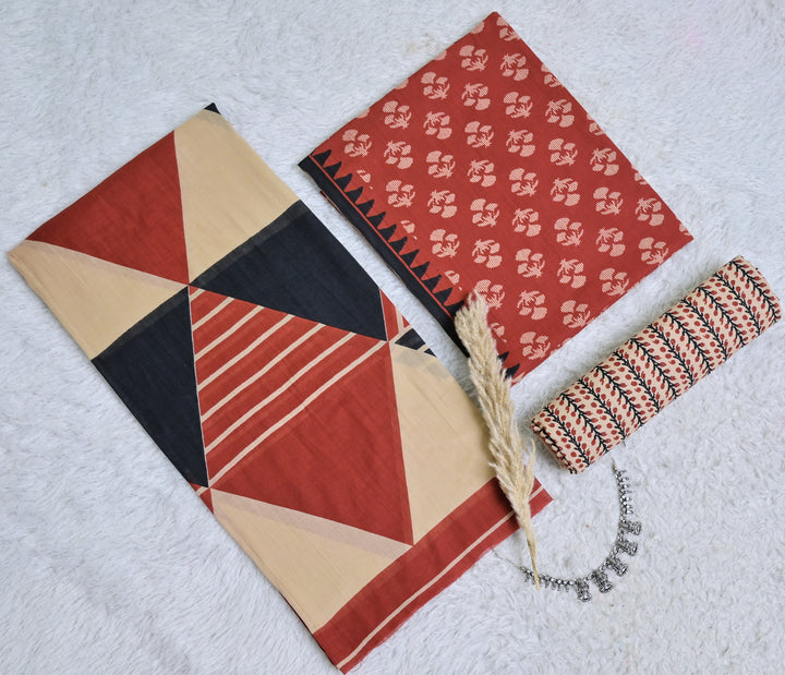 Rust and Beige Printed Cotton 3-Piece Unstitched Dress Material AJ104