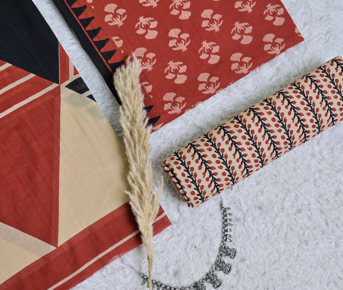 Rust and Beige Printed Cotton 3-Piece Unstitched Dress Material AJ104