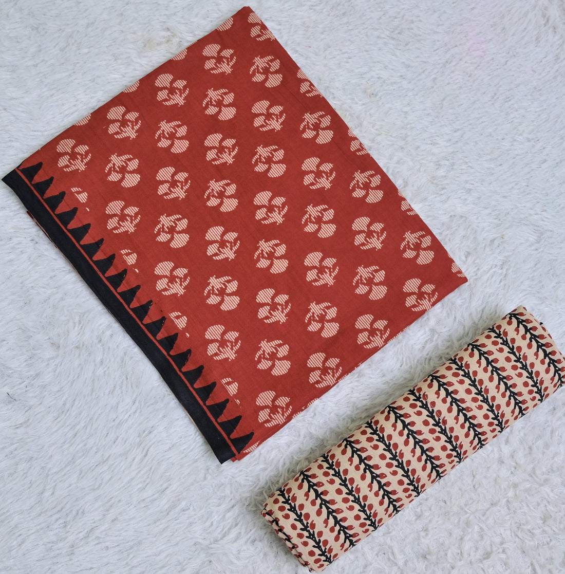 Rust and Beige Printed Cotton 3-Piece Unstitched Dress Material AJ104