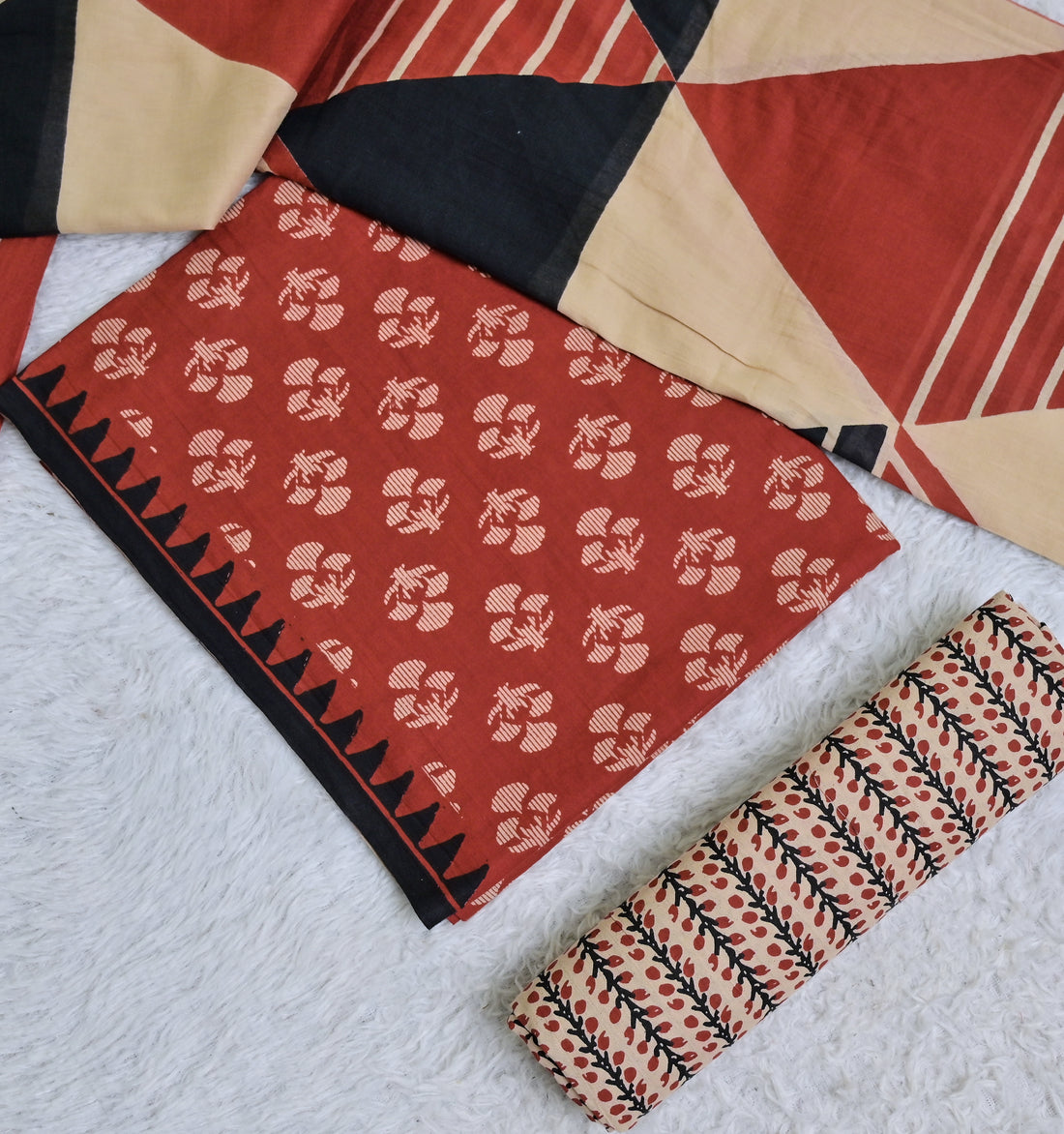 Rust and Beige Printed Cotton 3-Piece Unstitched Dress Material AJ104