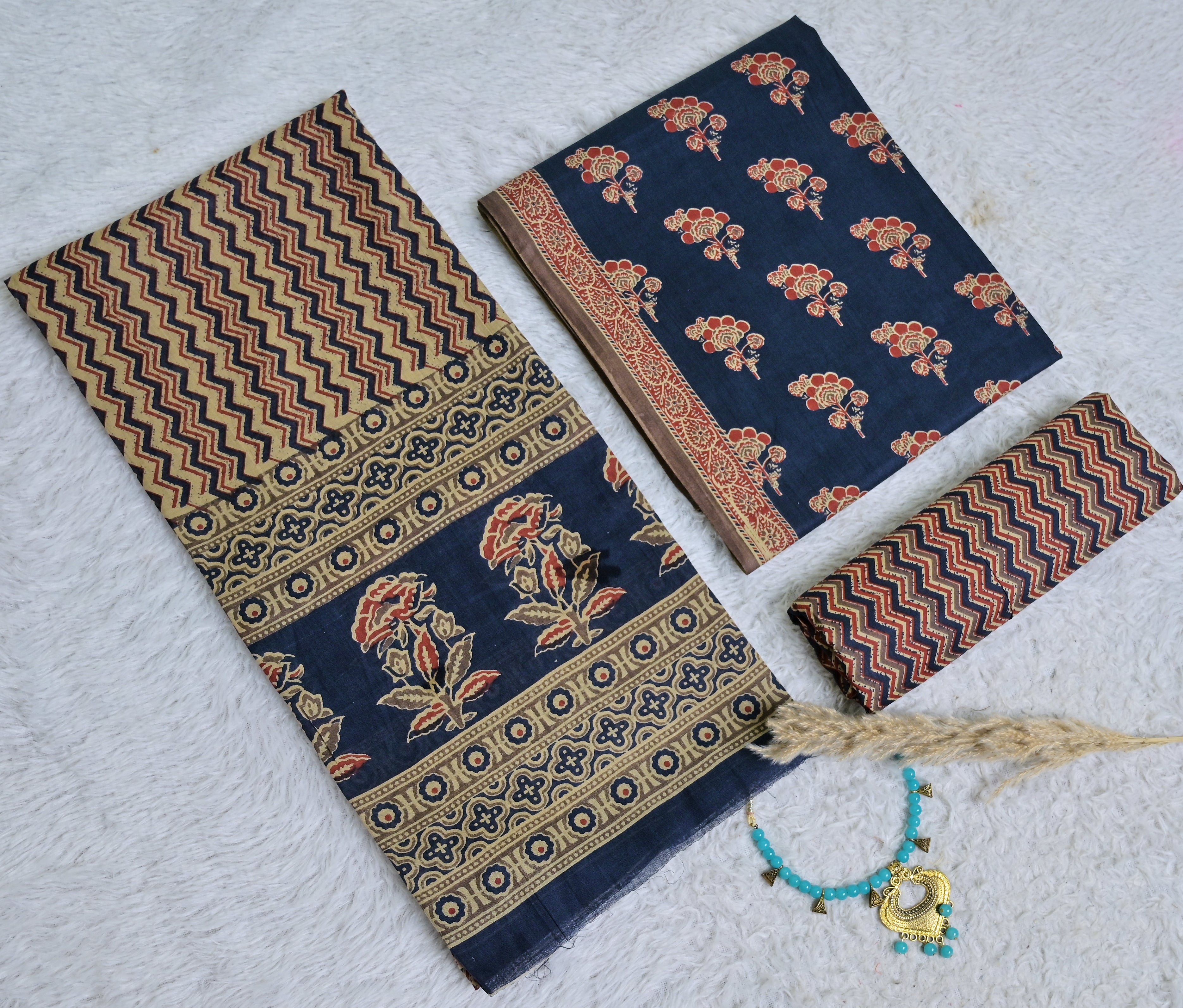 Indigo and Rust Floral Printed Cotton 3-Piece Unstitched Dress Material AJ105