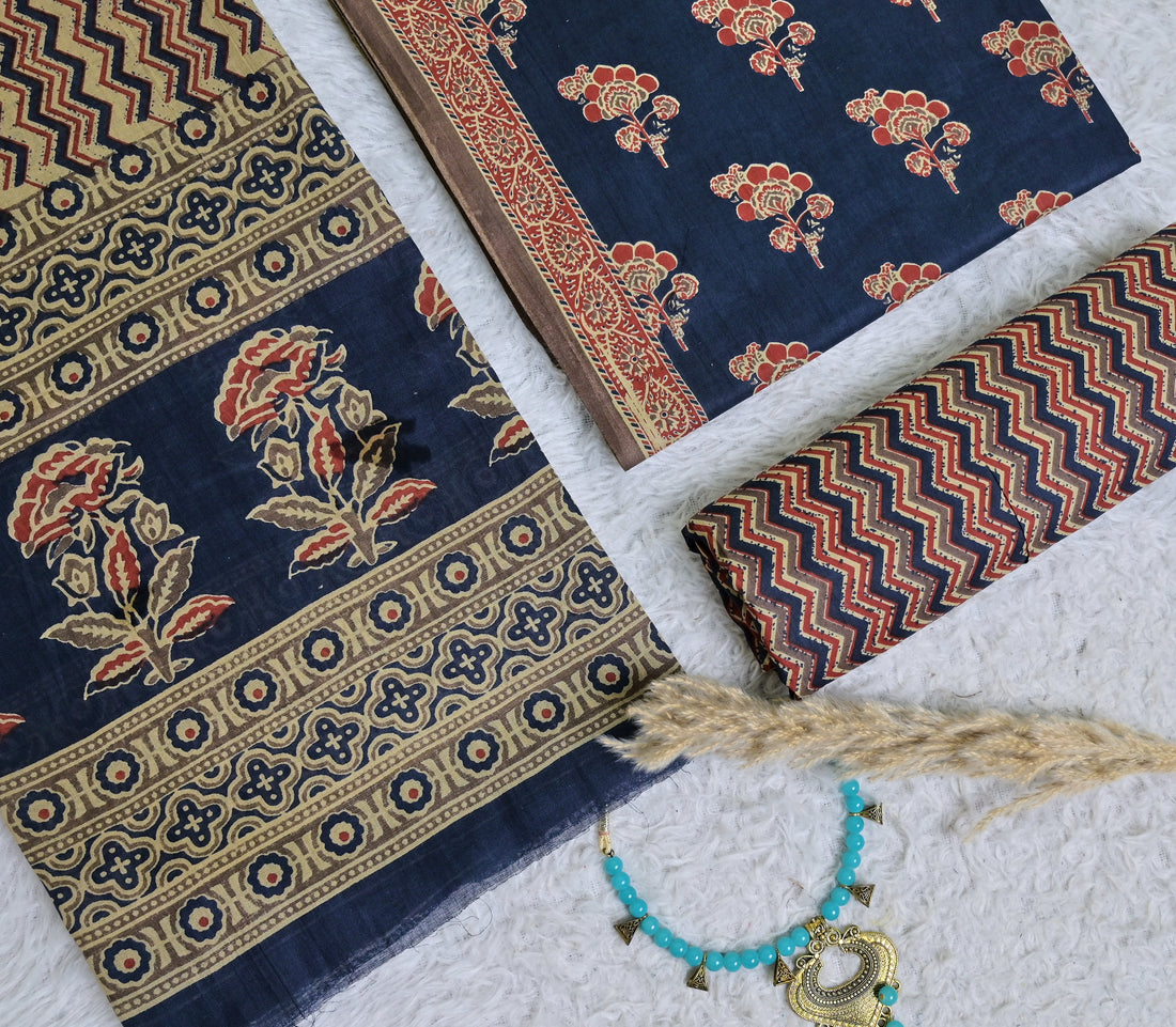 Indigo and Rust Floral Printed Cotton 3-Piece Unstitched Dress Material AJ105