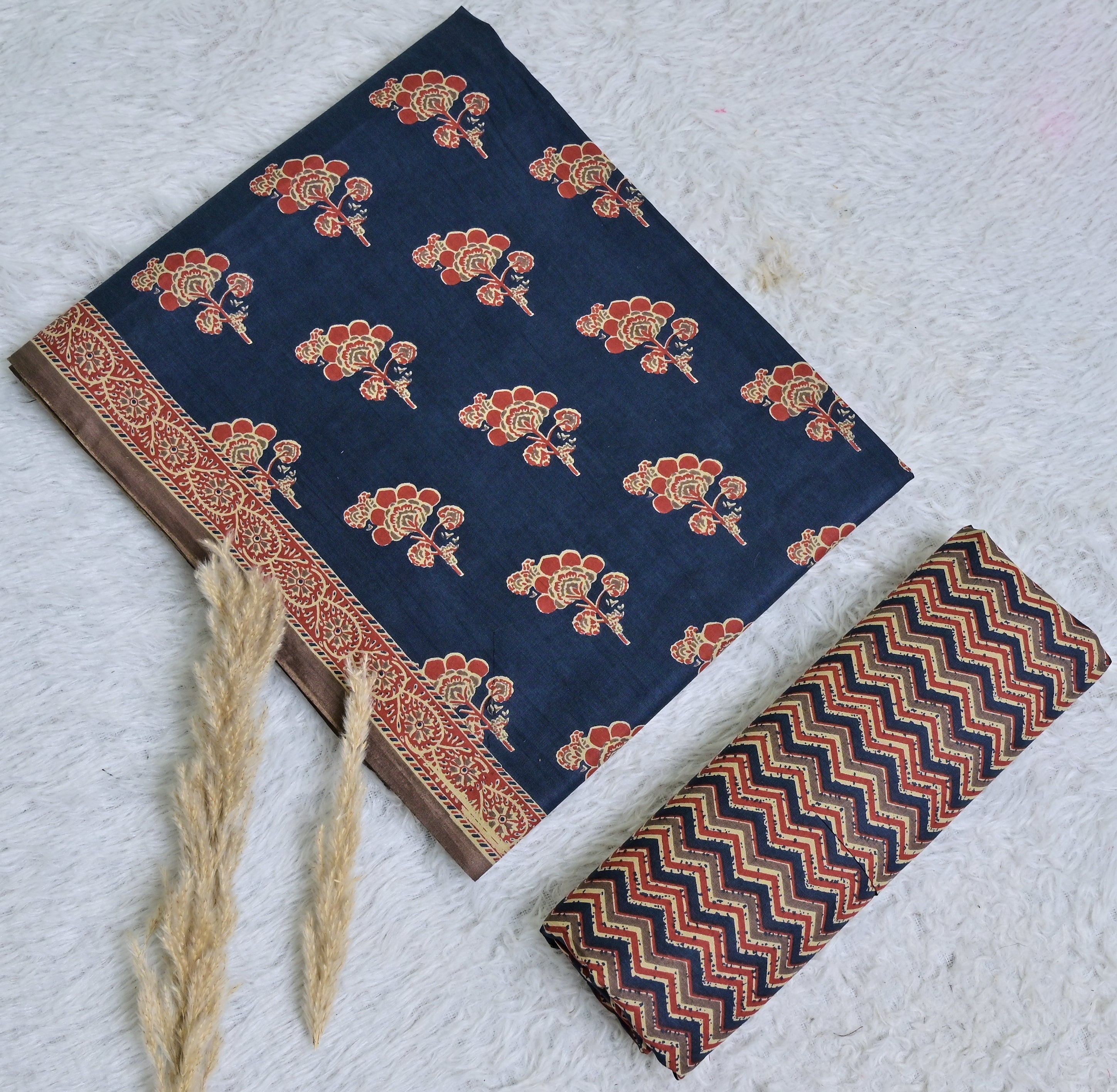 Indigo and Rust Floral Printed Cotton 3-Piece Unstitched Dress Material AJ105