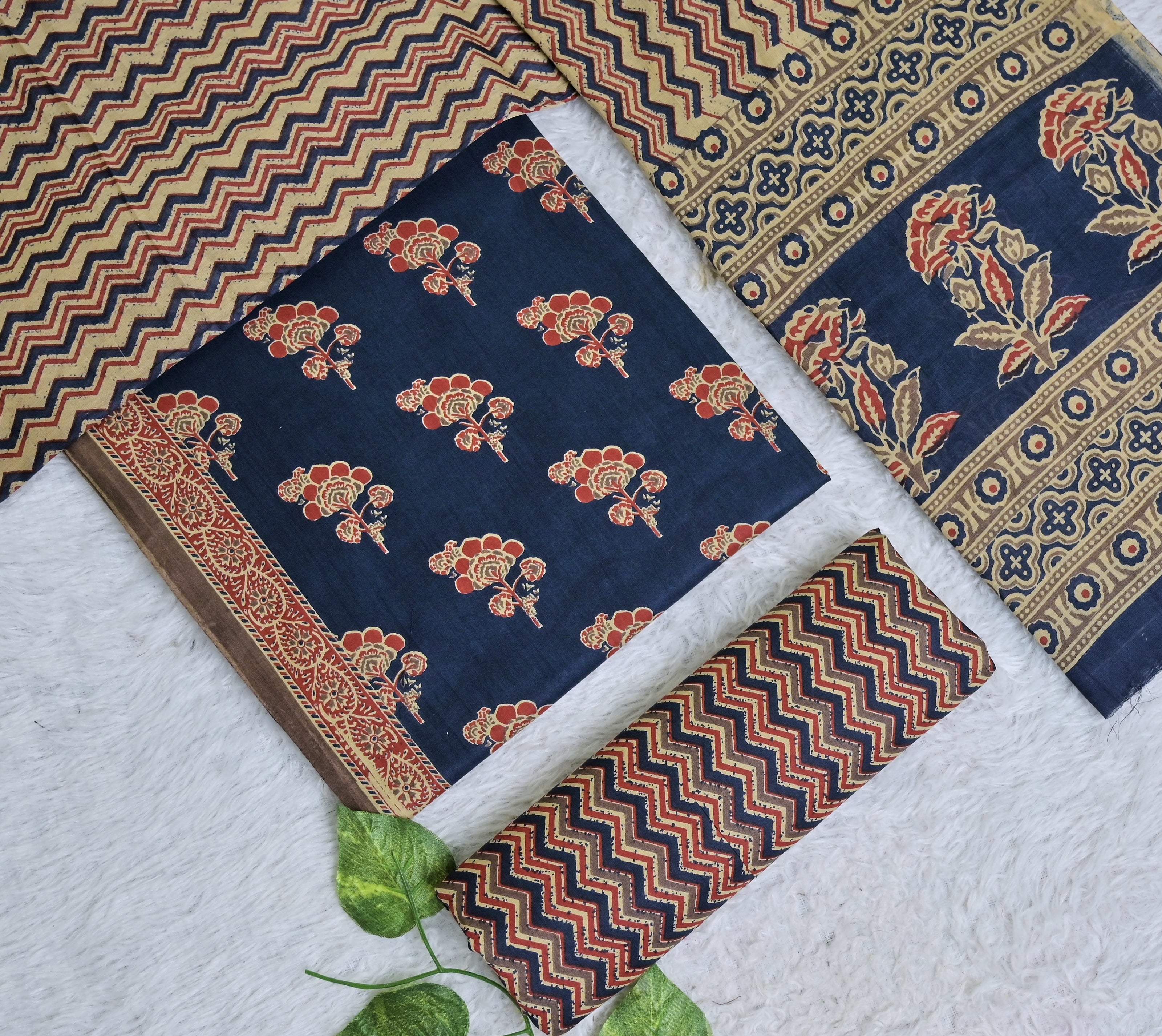 Indigo and Rust Floral Printed Cotton 3-Piece Unstitched Dress Material AJ105