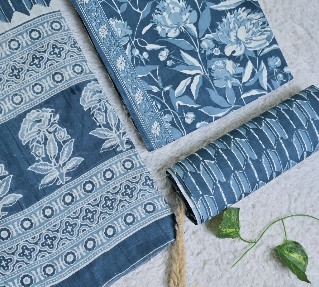 Printed Blue Cotton 3-Piece Unstitched Dress Material AJ106