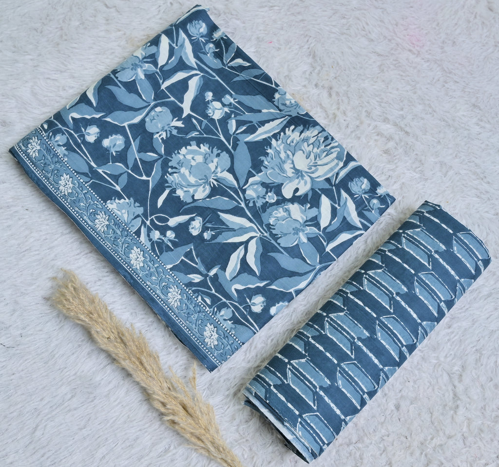 Printed Blue Cotton 3-Piece Unstitched Dress Material AJ106