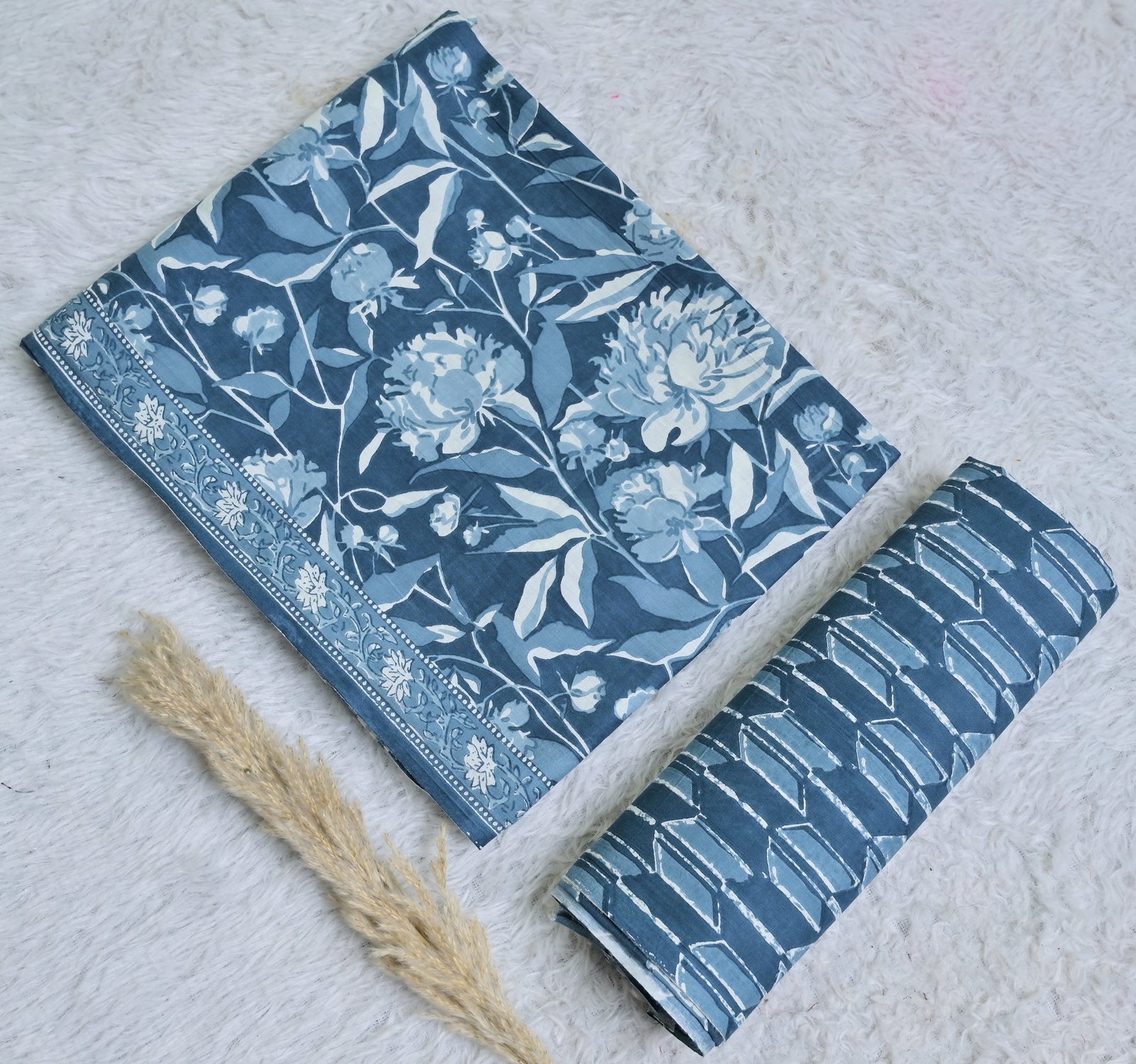 Printed Blue Cotton 3-Piece Unstitched Dress Material AJ106