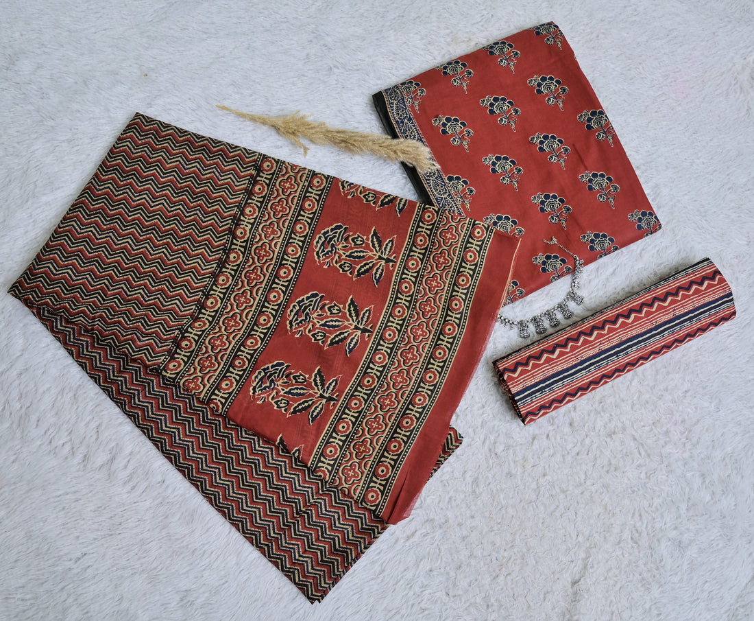 Floral Motif Printed Rust Cotton 3-Piece Unstitched Dress Material AJ107