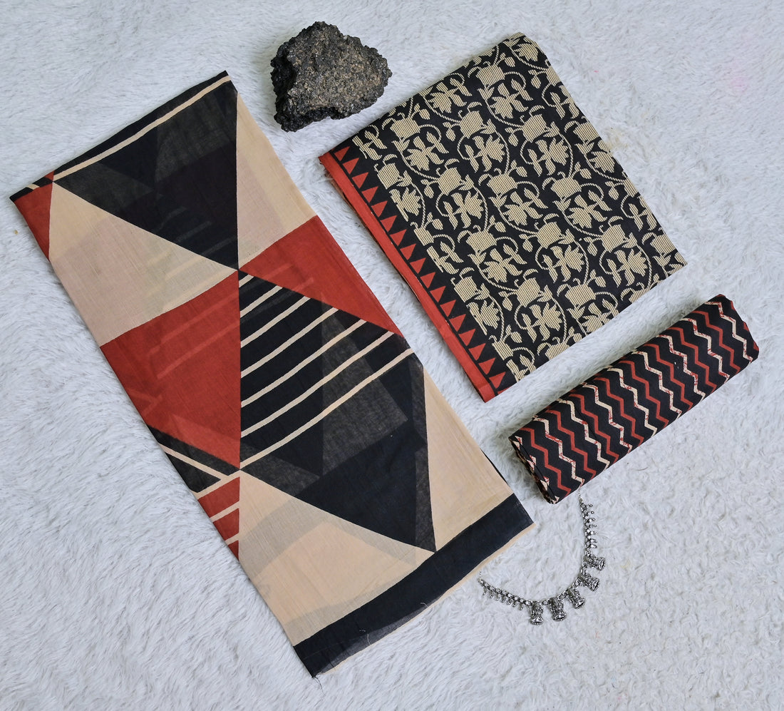 Multicoloured Screen Printed Pure Cotton Unstitched Suit Set with Dupatta