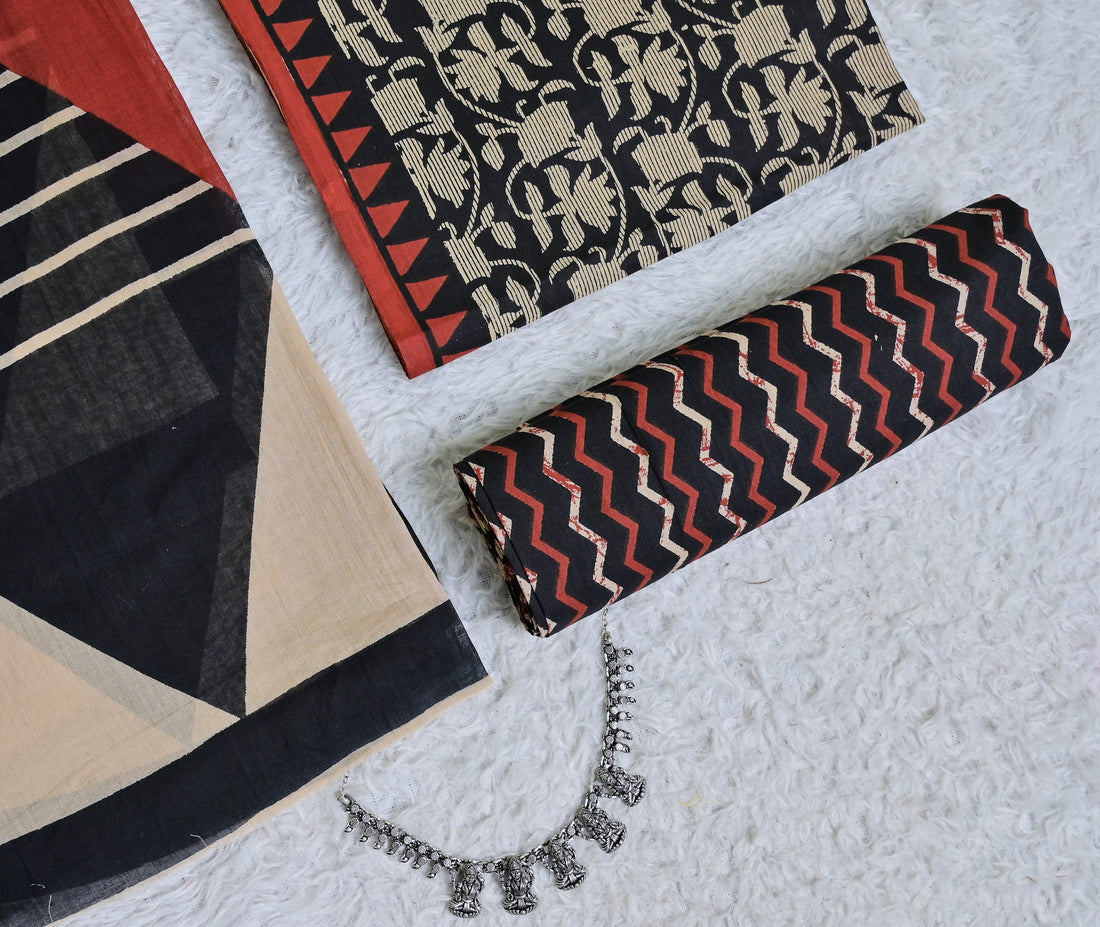 Multicoloured Screen Printed Pure Cotton Unstitched Suit Set with Dupatta