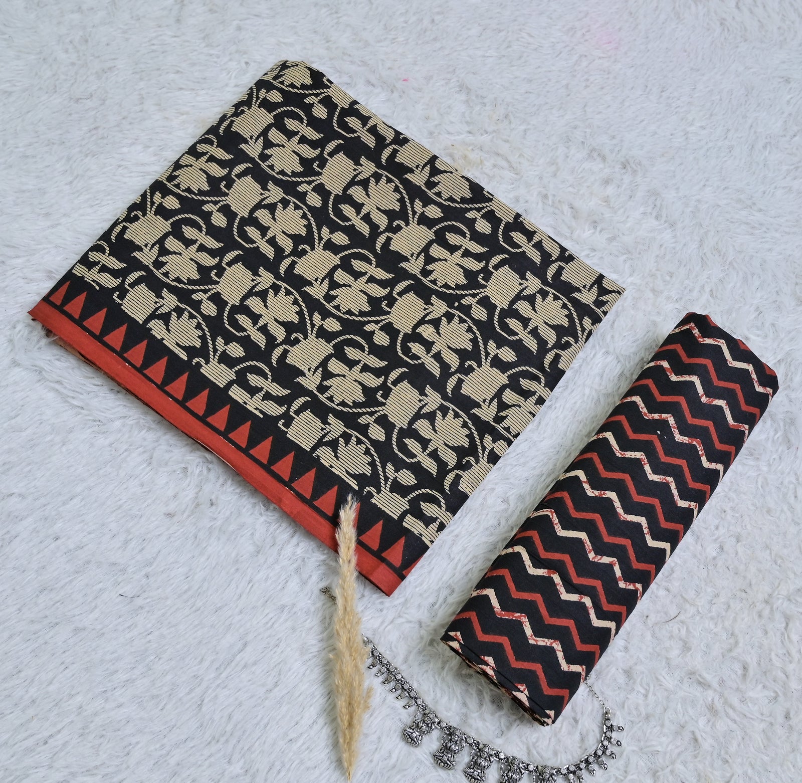 Printed Black Cotton 3-Piece Unstitched Dress Material AJ108