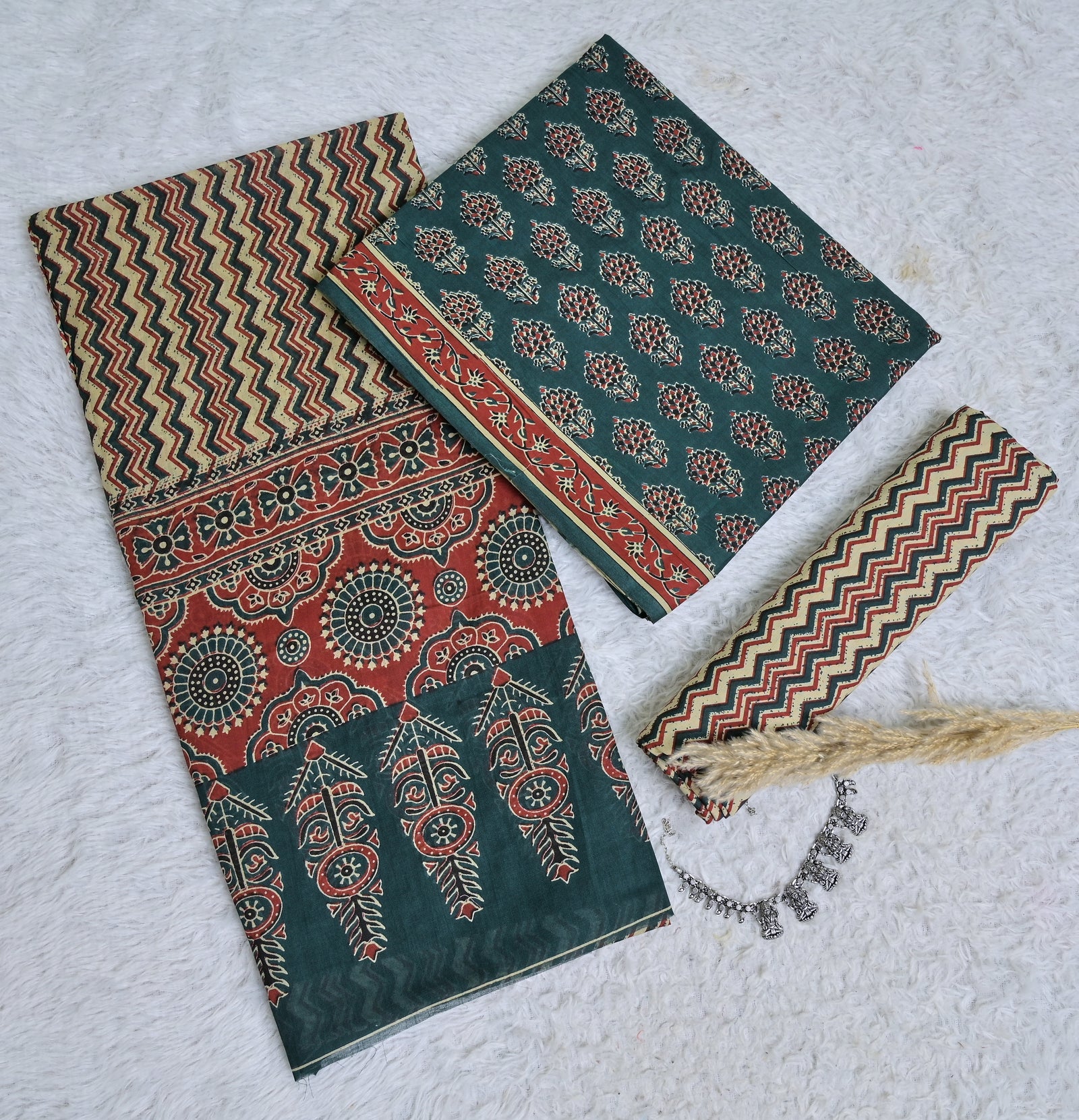 Printed Green Cotton 3-Piece Unstitched Dress Material in Deep Green and Rust Tones AJ109