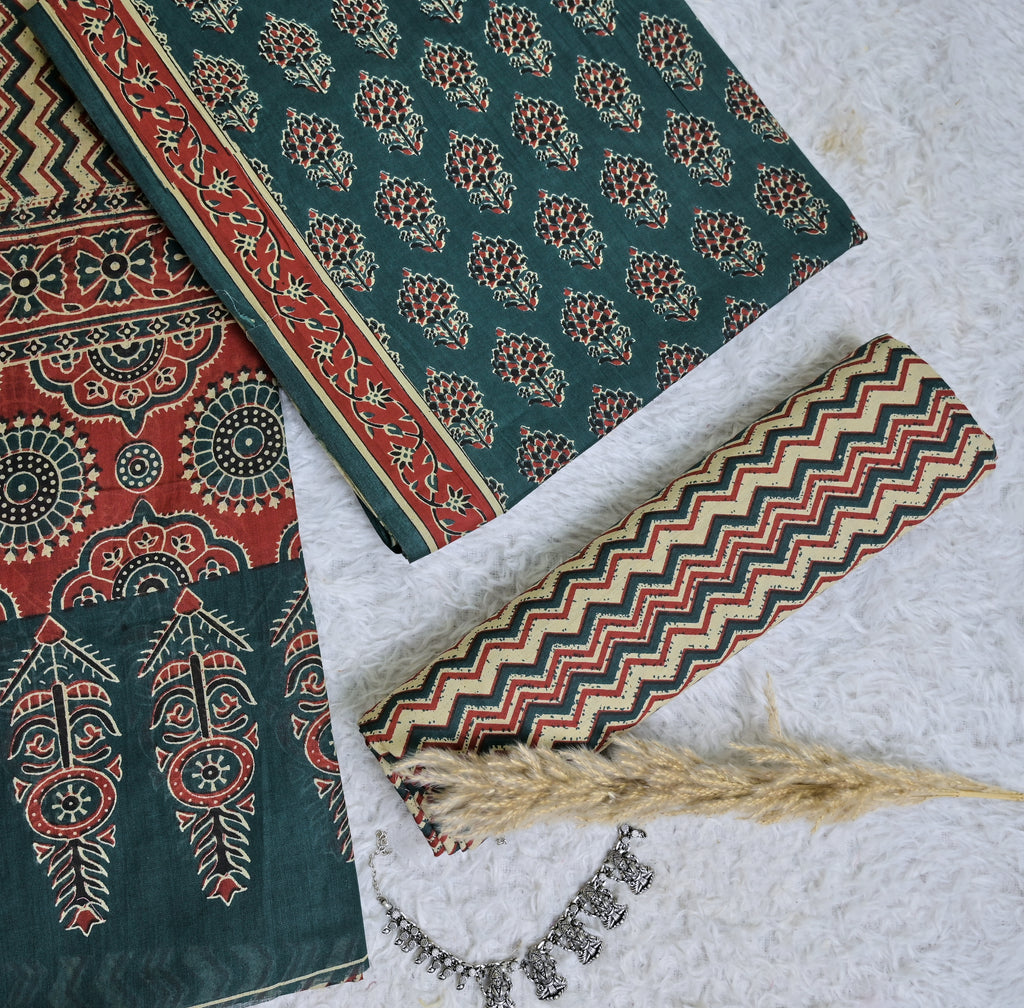 Printed Green Cotton 3-Piece Unstitched Dress Material in Deep Green and Rust Tones AJ109