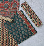 Printed Green Cotton 3-Piece Unstitched Dress Material in Deep Green and Rust Tones AJ109