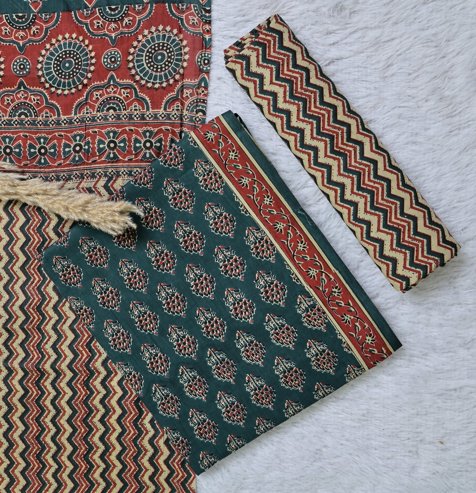 Printed Green Cotton 3-Piece Unstitched Dress Material in Deep Green and Rust Tones AJ109