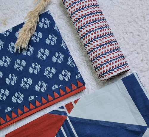 Printed Blue Cotton 3-Piece Unstitched Dress Material Bold Geometric Panel Prints AJ110