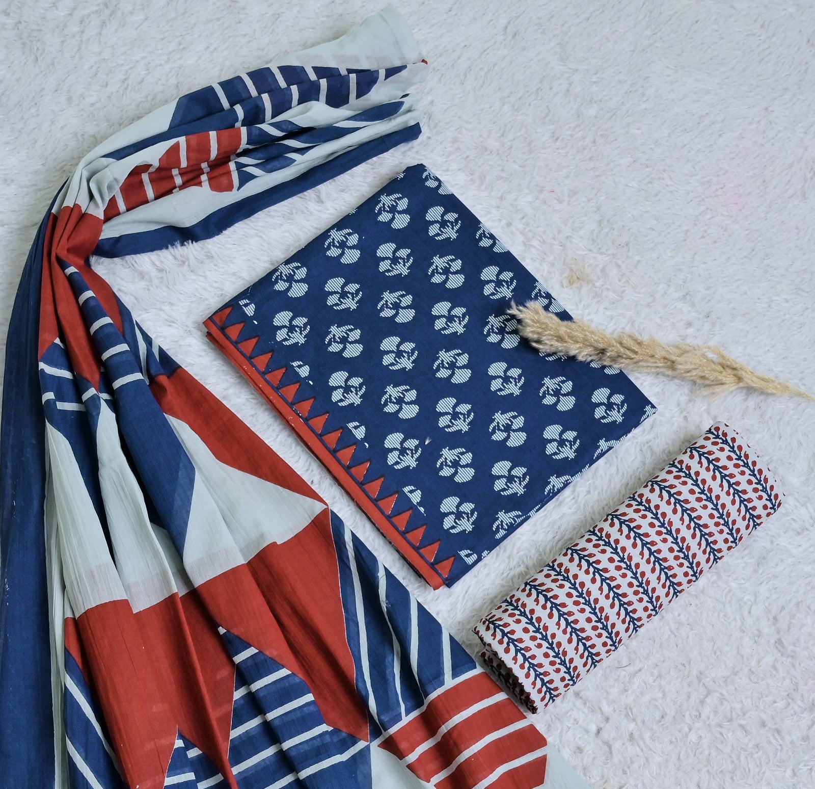 Printed Blue Cotton 3-Piece Unstitched Dress Material Bold Geometric Panel Prints AJ110