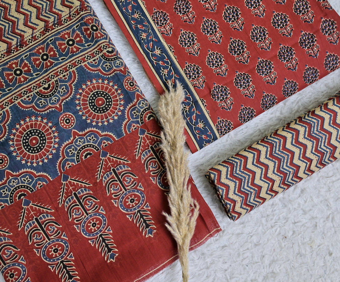 Printed Rust Cotton 3-Piece Unstitched Dress Material Small Floral Motifs Contrasting Printed Border AJ112