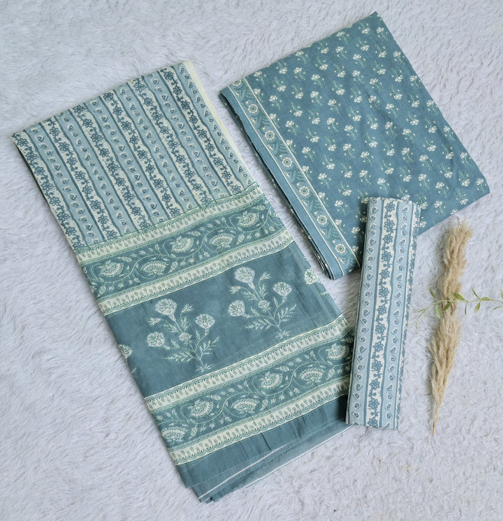 Printed Blue Green Cotton 3-Piece Unstitched Dress Material Delicate Floral Motifs AJ113