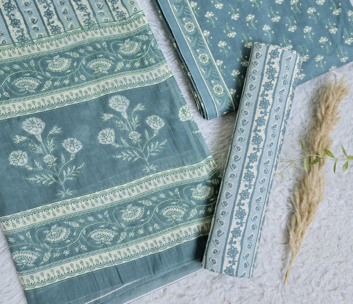 Printed Blue Green Cotton 3-Piece Unstitched Dress Material Delicate Floral Motifs AJ113