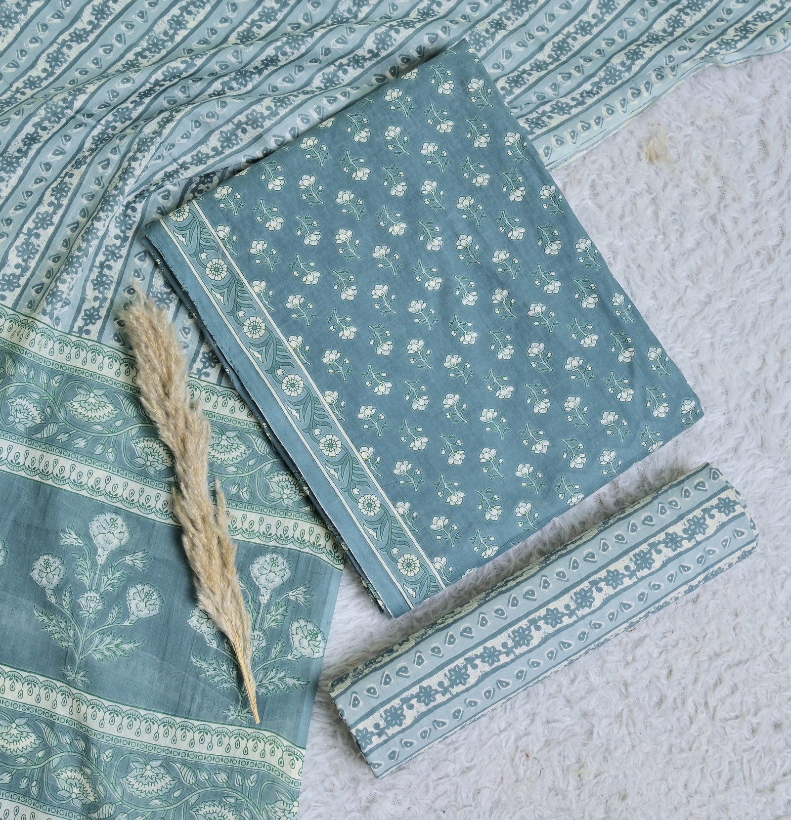 Printed Blue Green Cotton 3-Piece Unstitched Dress Material Delicate Floral Motifs AJ113