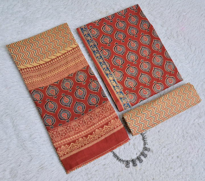 Printed Rust Cotton 3-Piece Unstitched Dress Material Paisley-Inspired Motifs AJ114