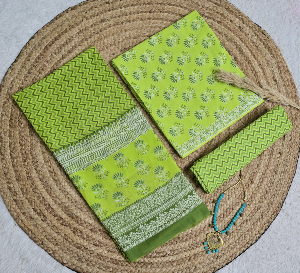 Light Green Chevron Cotton Unstitched 3-Piece Dress Material AJ_117