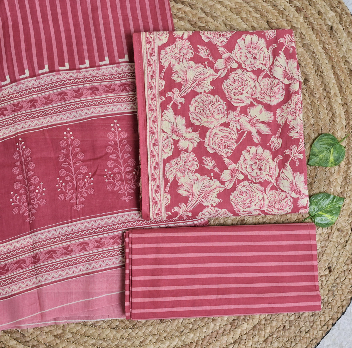 Deep Pink Floral Cotton Unstitched 3-Piece Dress Material AJ_120