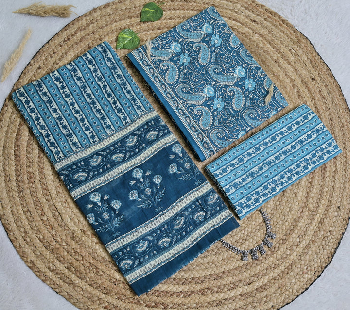 Blue Paisley Cotton Unstitched 3-Piece Dress Material AJ_121