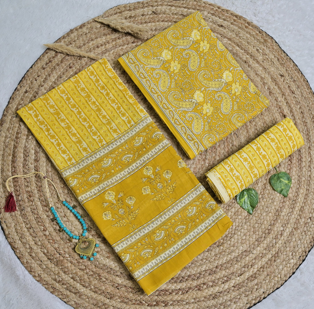 Yellow Paisley Cotton Unstitched 3-Piece Dress Material AJ_122